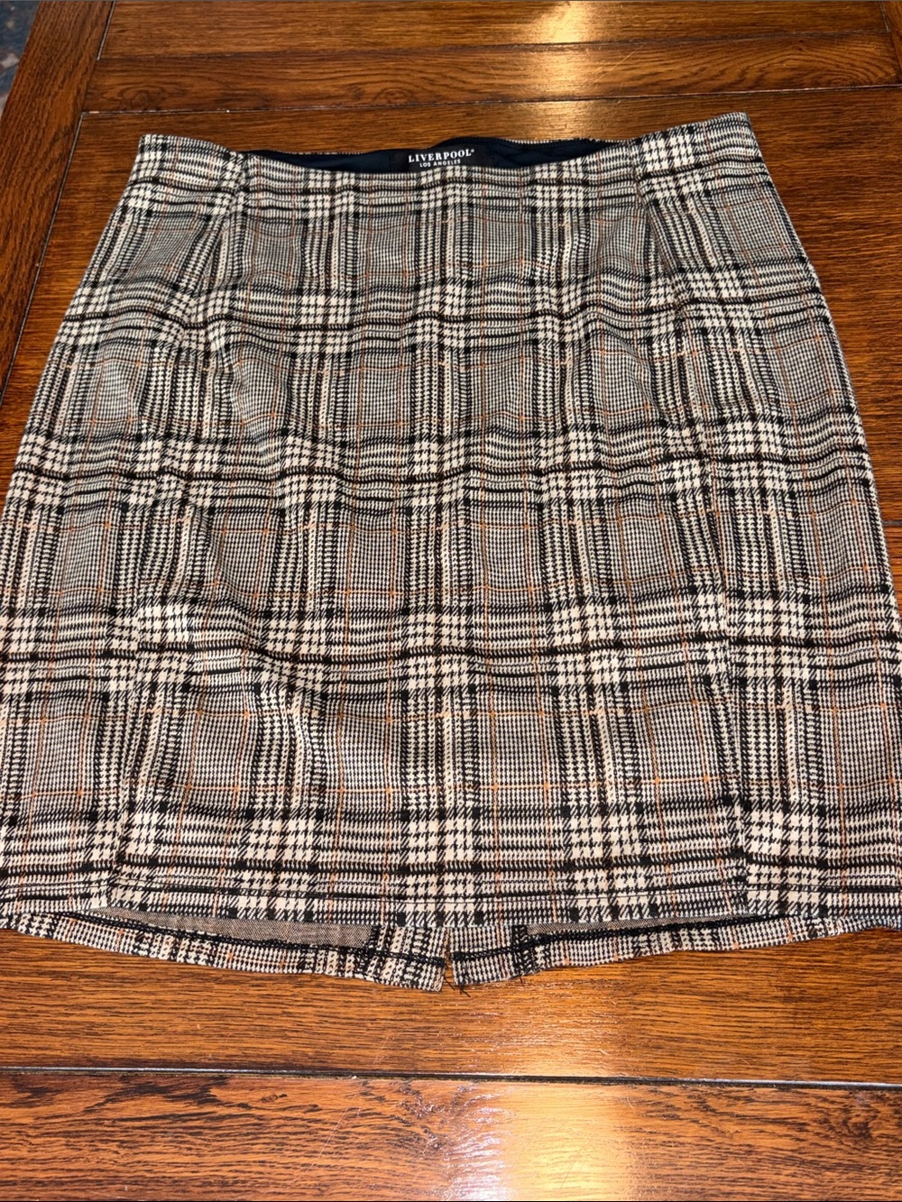Liverpool Plaid  Skirt in Black, Tan & Cream